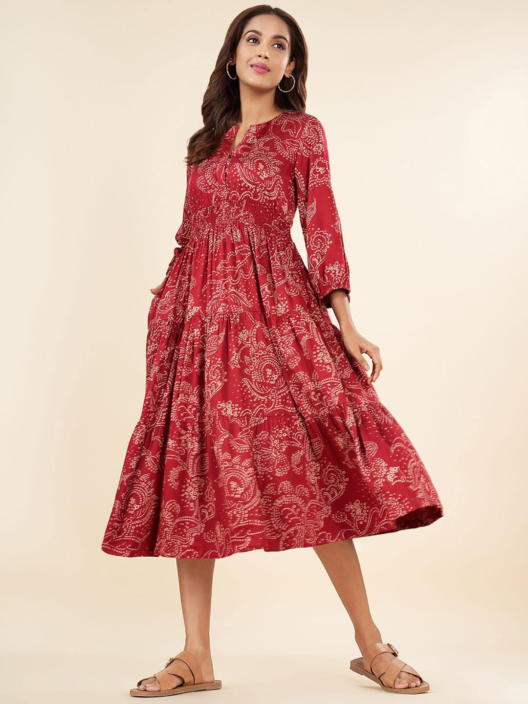 

AKKRITI BY PANTALOONS Printed Round Neck Fit & Flare Midi Dress, Red