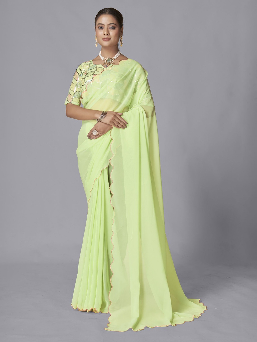 

JULEE Embroidered Pure Georgette Saree, Lime green