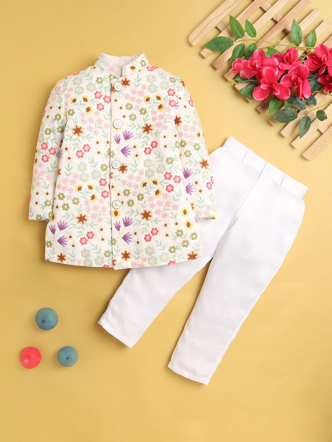 

Jeetethnics Boys Floral Embroidered Regular Kurta with Trousers, White