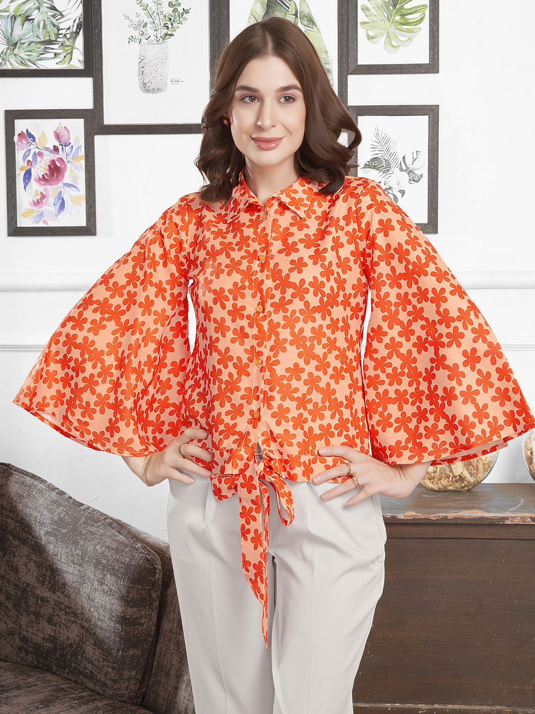 

Selvia Women Floral Opaque Printed Casual Shirt, Orange