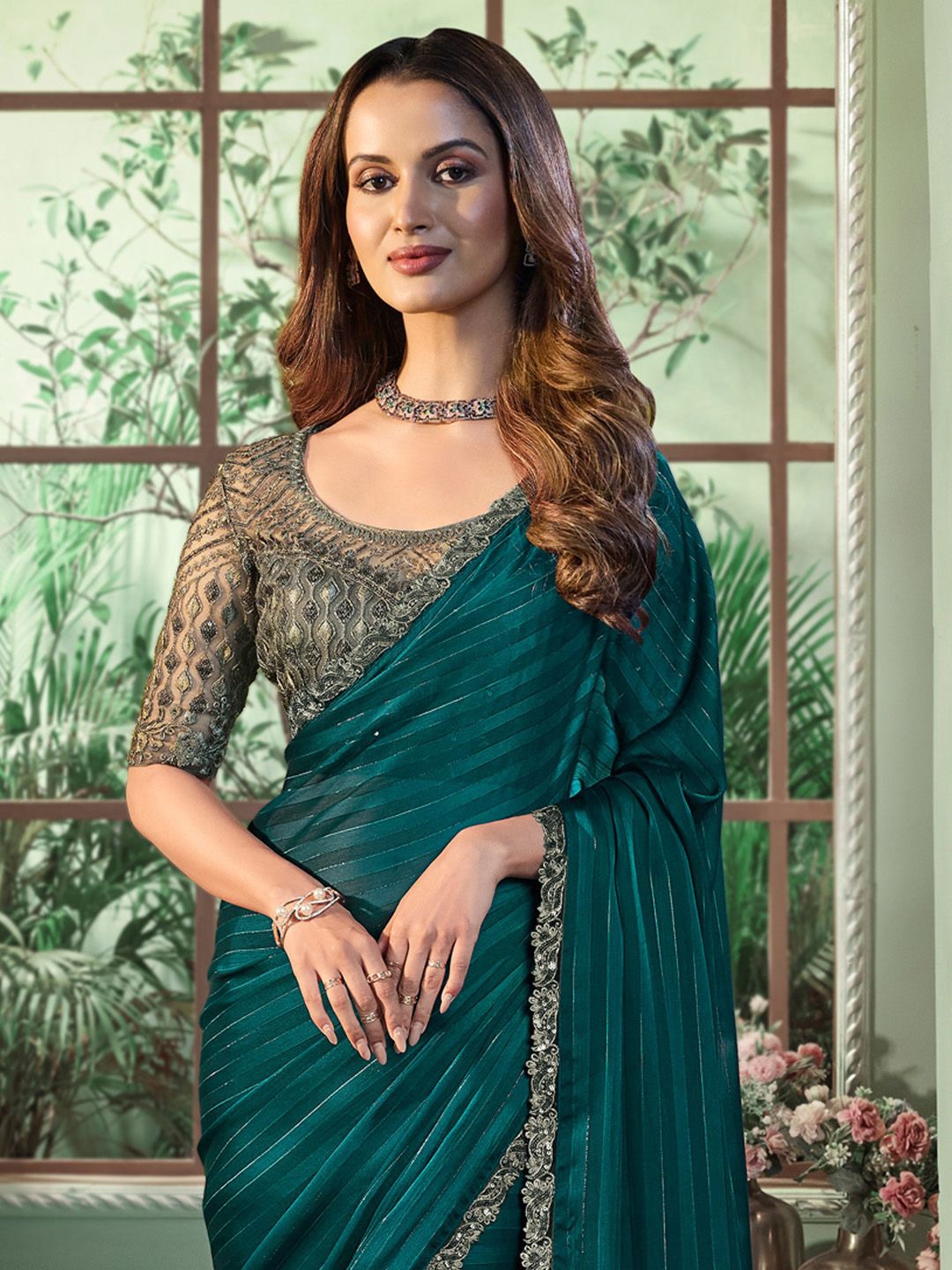 

Anouk Striped Embroidered Poly Georgette Saree, Teal