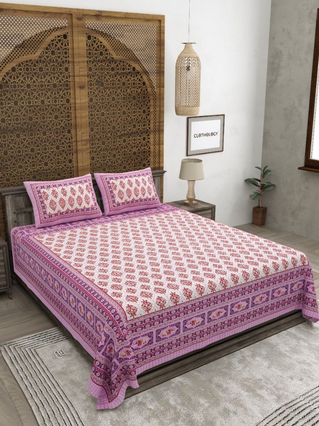 

CLOTHOLOGY Purple & White Ethnic Motifs 180 TC Cotton King Bedsheet with 2 Pillow Covers