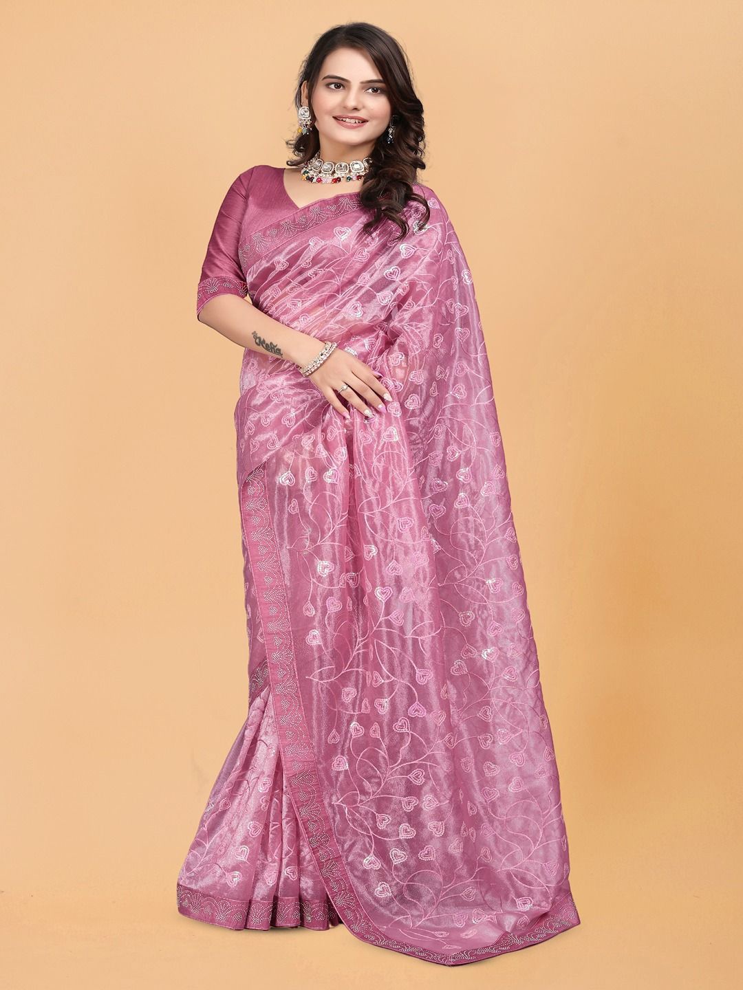 

ANJAVI FASHION Floral Embroidered Net Heavy Work Maheshwari Saree, Pink