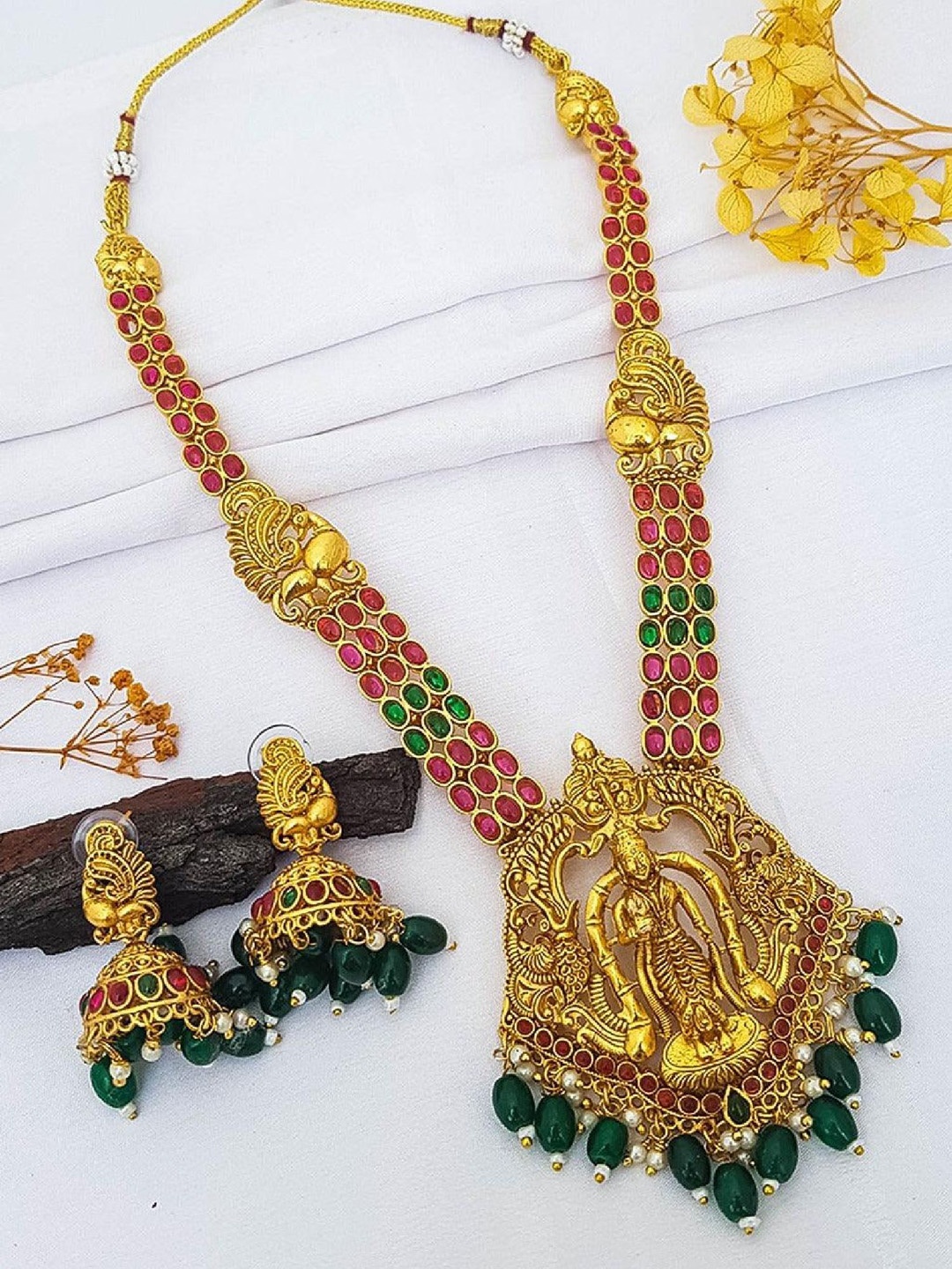 

GRIIHAM Gold-Plated AD-Studded & Beaded Laxmi Jewellery Set