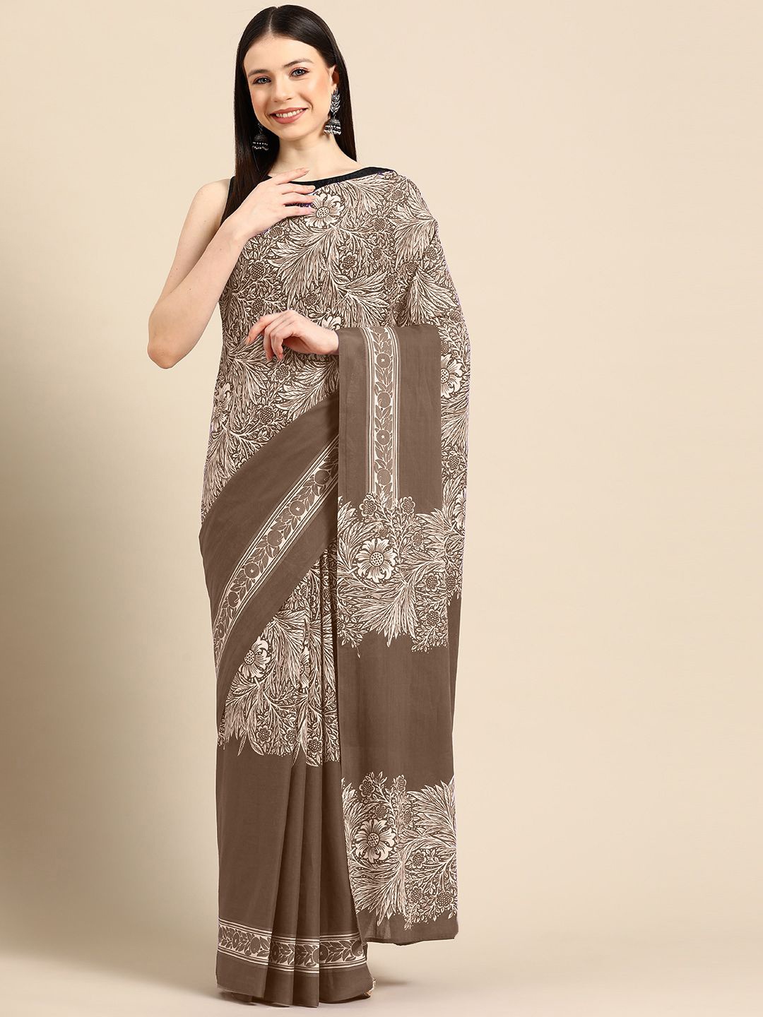 

BUTA BUTI Floral Pure Cotton Saree, Brown