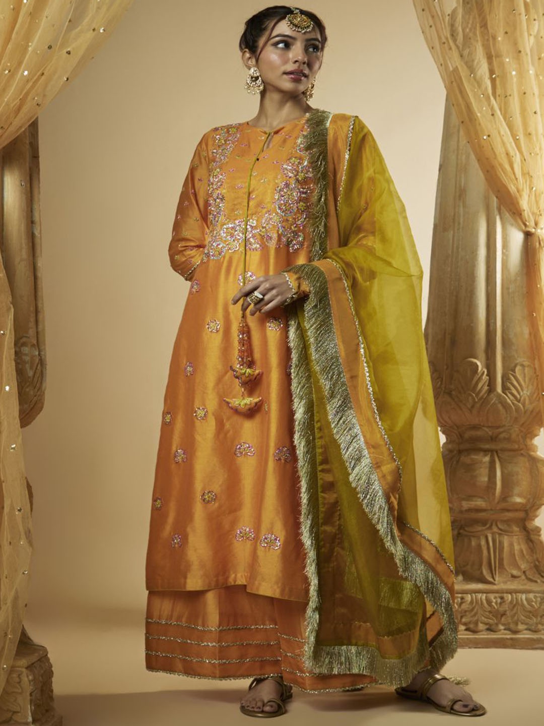 

The Aarya Ethnic Motifs Chanderi Cotton Straight Kurta with Palazzos & With Dupatta, Orange