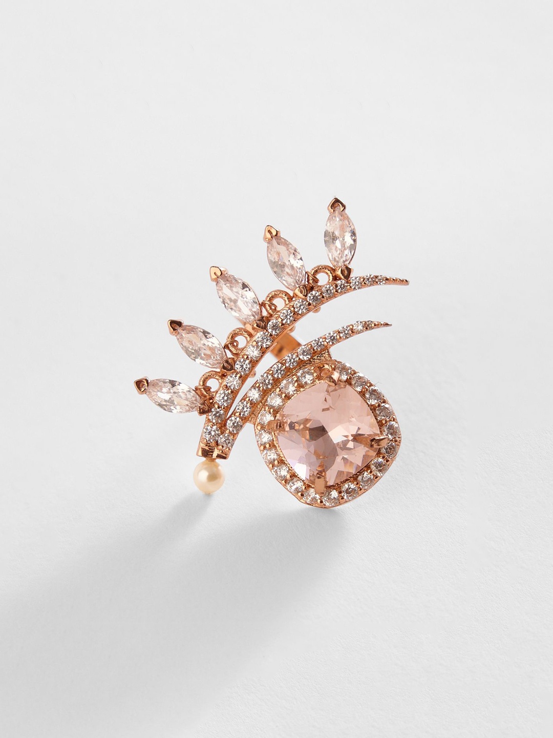 

Outhouse Rose Gold-Plated Cubic Zirconia Studded Adjustable Finger Ring