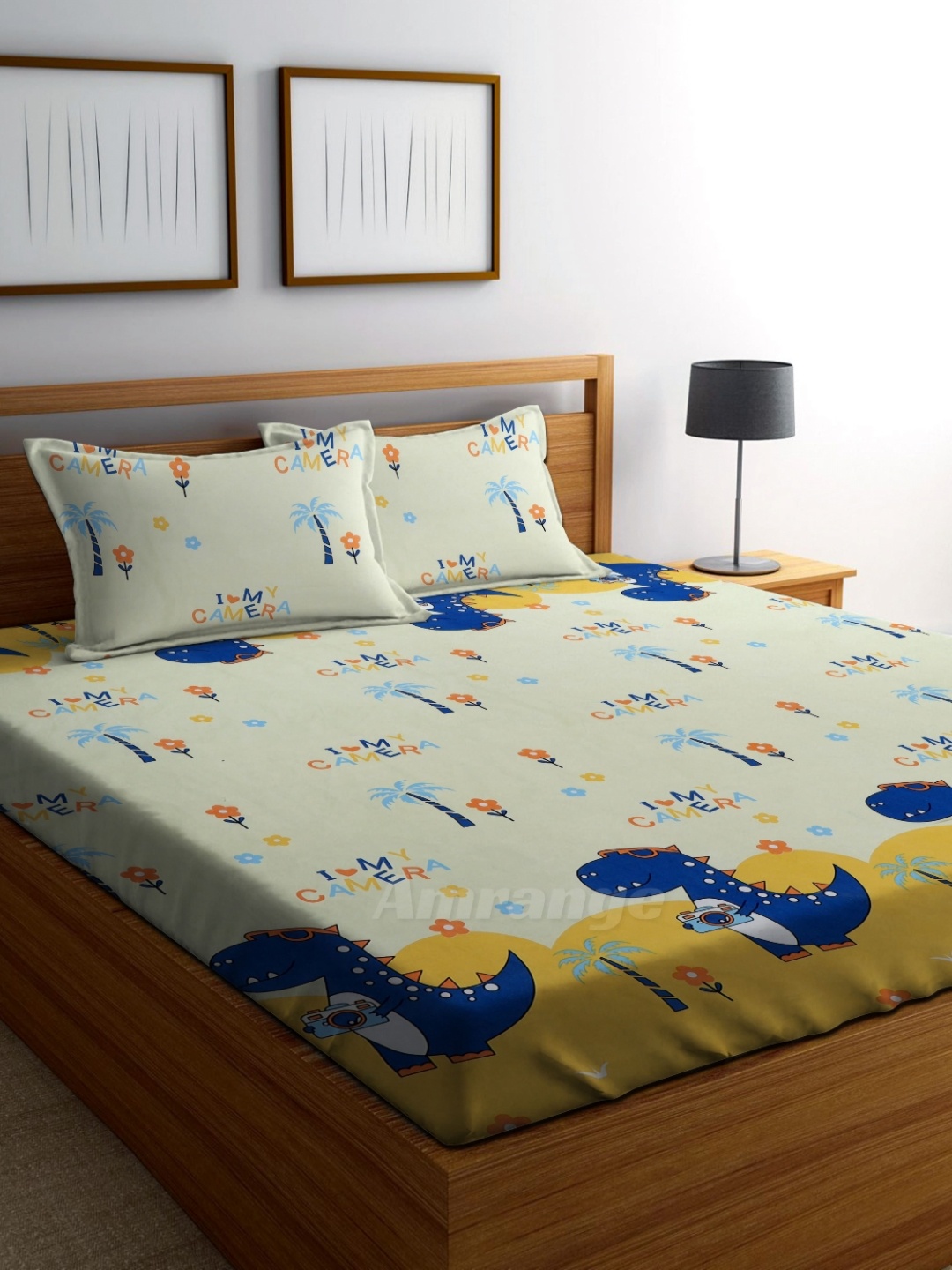 

AMRANGE Yellow & Blue Graphic 250 TC King Bedsheet with 2 Pillow Covers