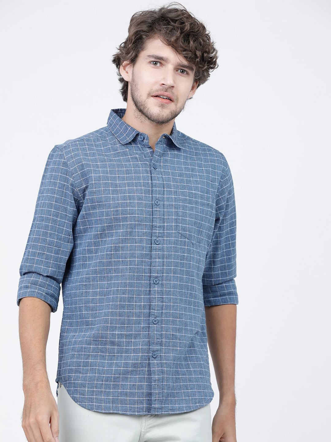 

HIGHLANDER Men Slim Fit Grid Tattersall Checks Opaque Checked Casual Shirt, Blue