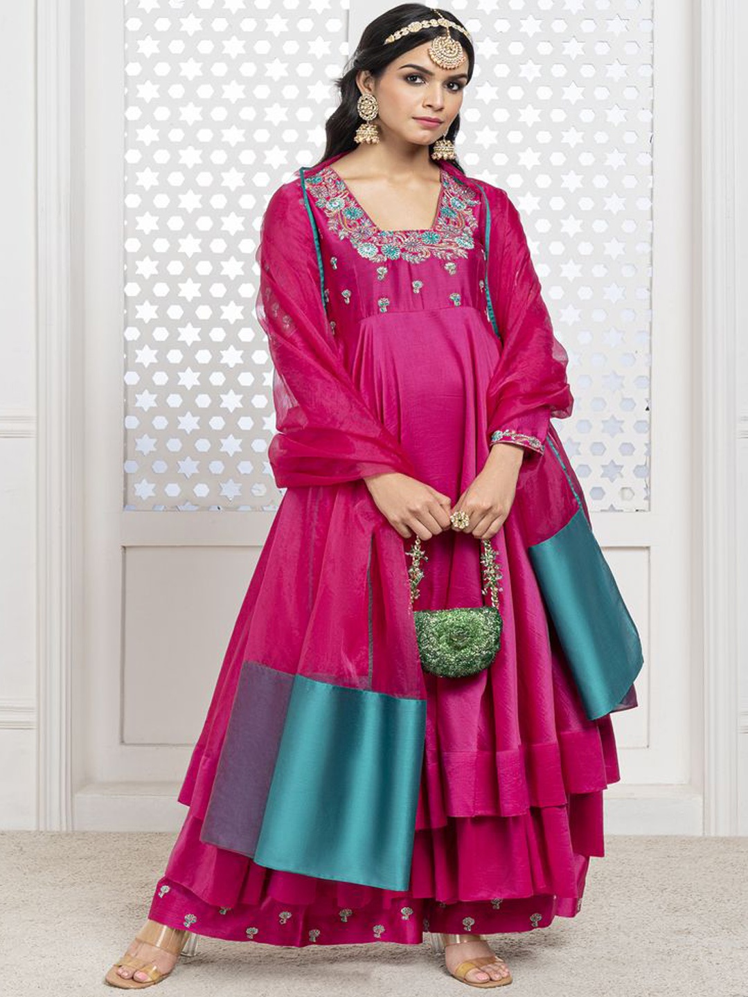 

The Aarya Floral Embroidered Chanderi Cotton Anarkali Kurta with Palazzos & With Dupatta, Pink