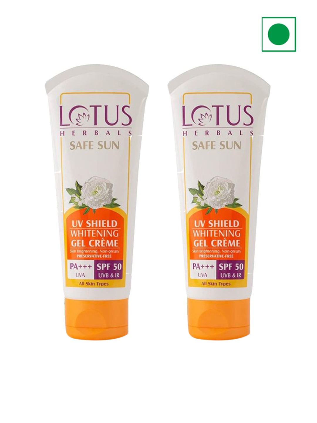 

Lotus Herbals Set Of 2 Safe Sun UV Shield Whitening Gel Cream- 50g Each, Orange