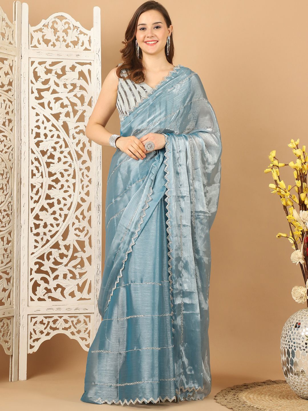 

Grancy Embellished Beads and Stones Organza Banarasi Saree, Blue