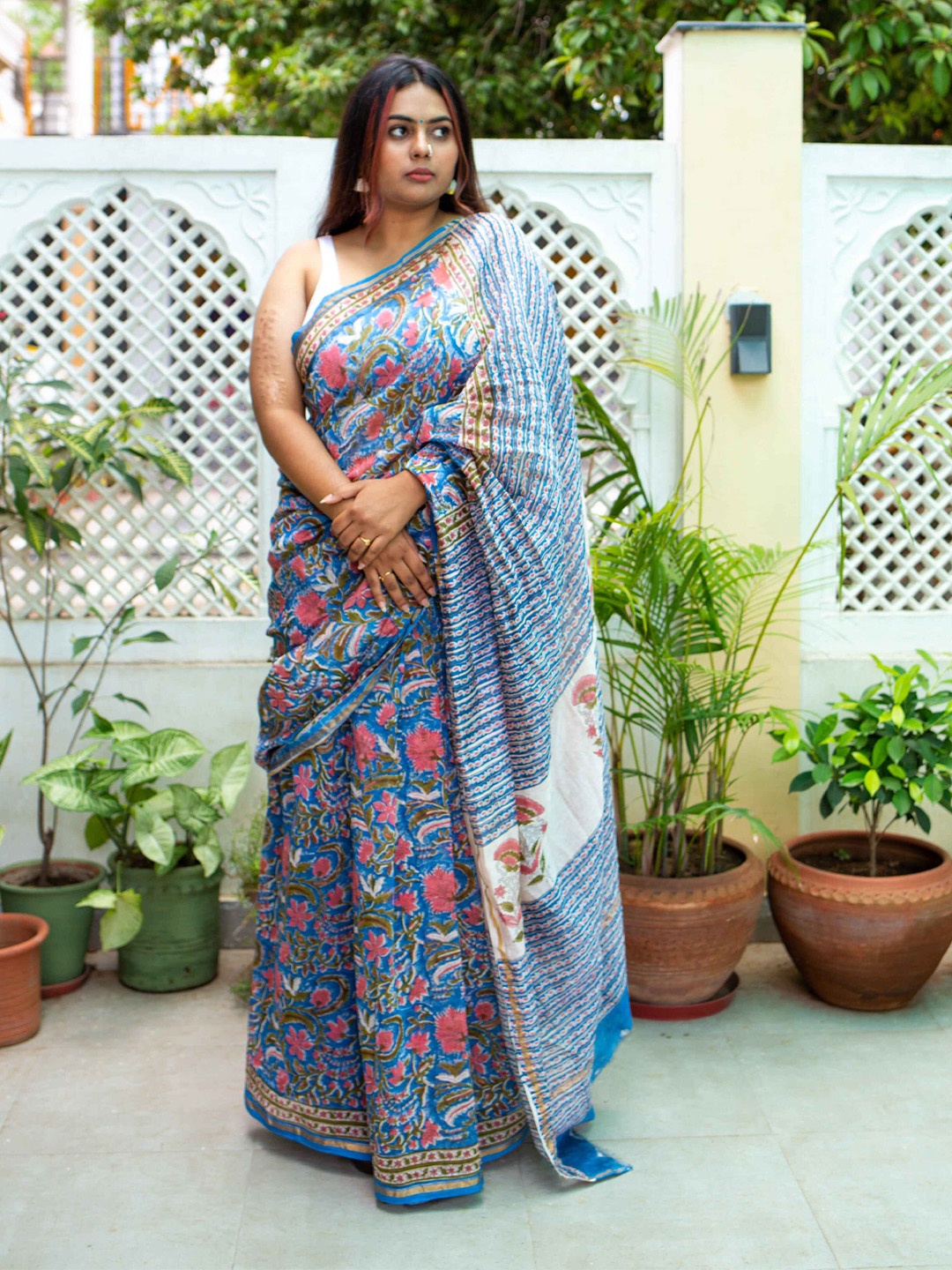 

Moora Printed Ethnic Motifs Zari Pure Cotton Bagru Saree, Blue
