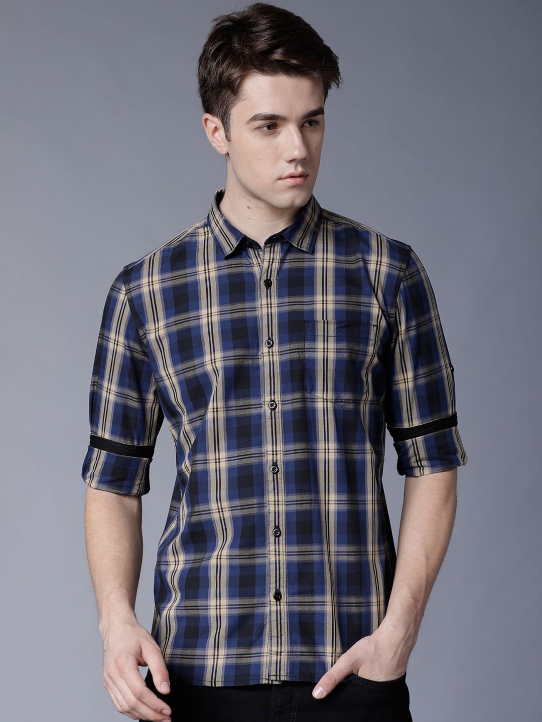 

HIGHLANDER Men Slim Fit Tartan Checks Opaque Checked Casual Shirt, Black