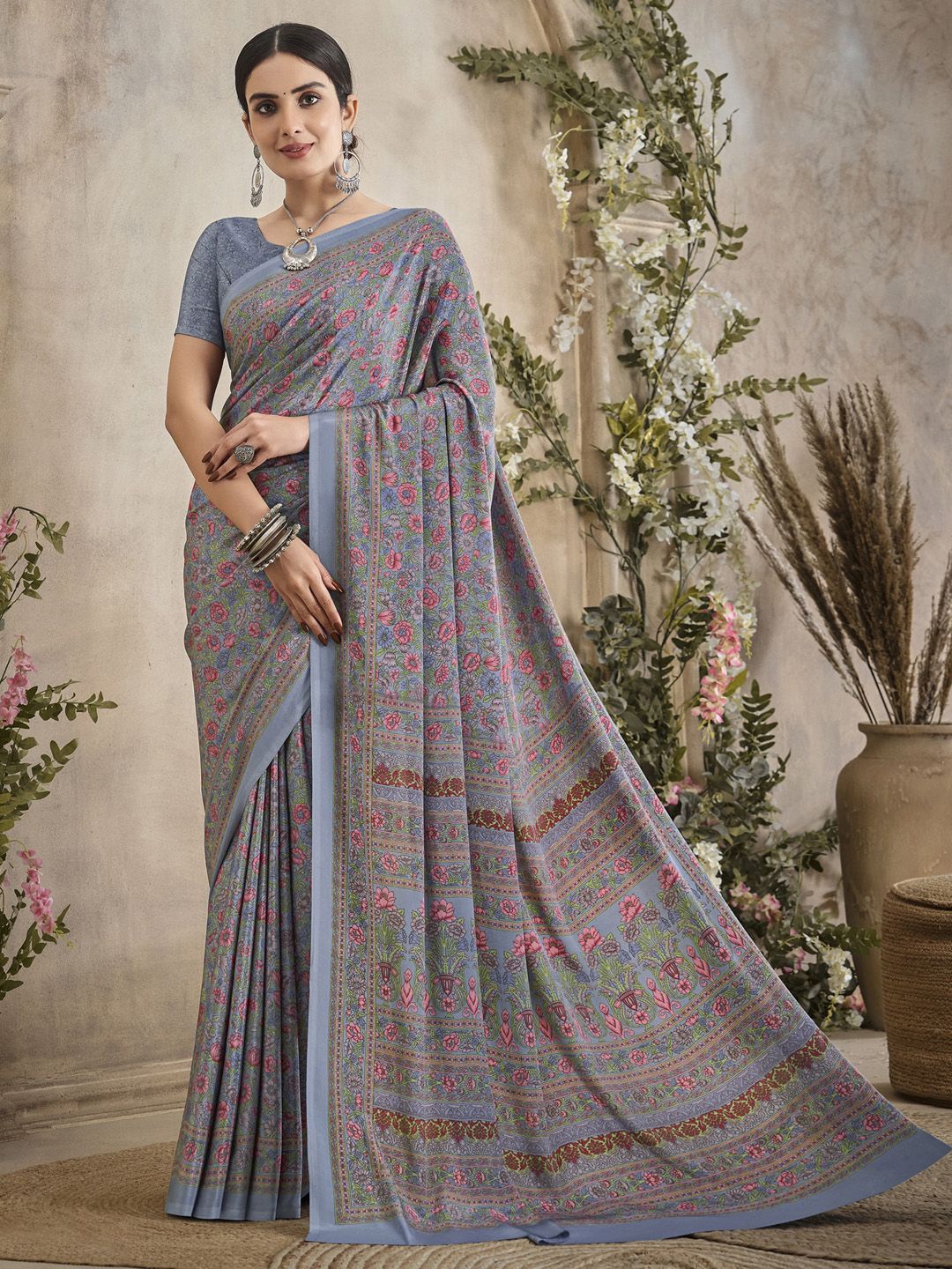 

Mitera Floral Poly Crepe Saree, Grey