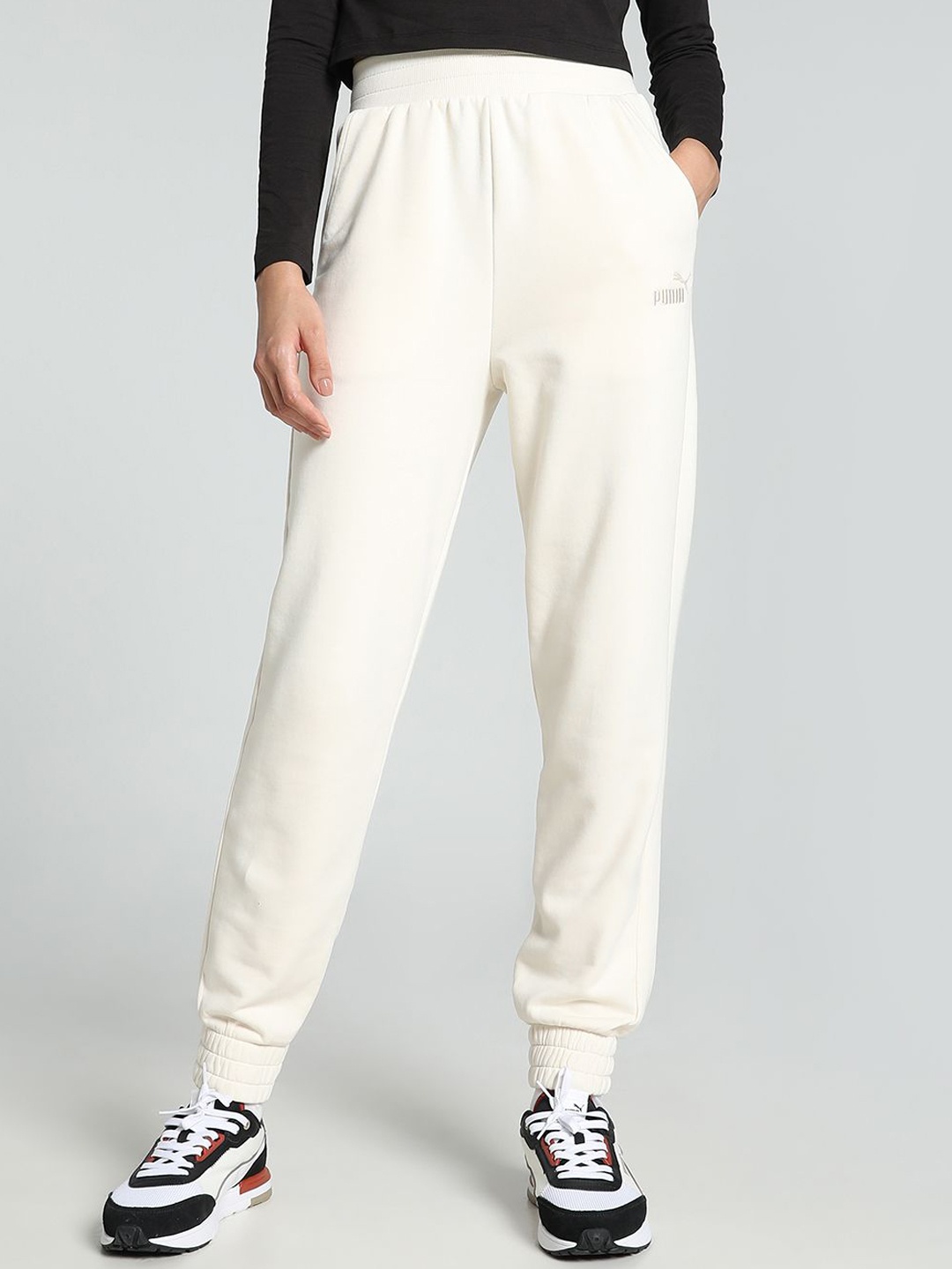 

Puma Ess+ Embroidery Women High-Waist Regular Fit Track Pants, Off white