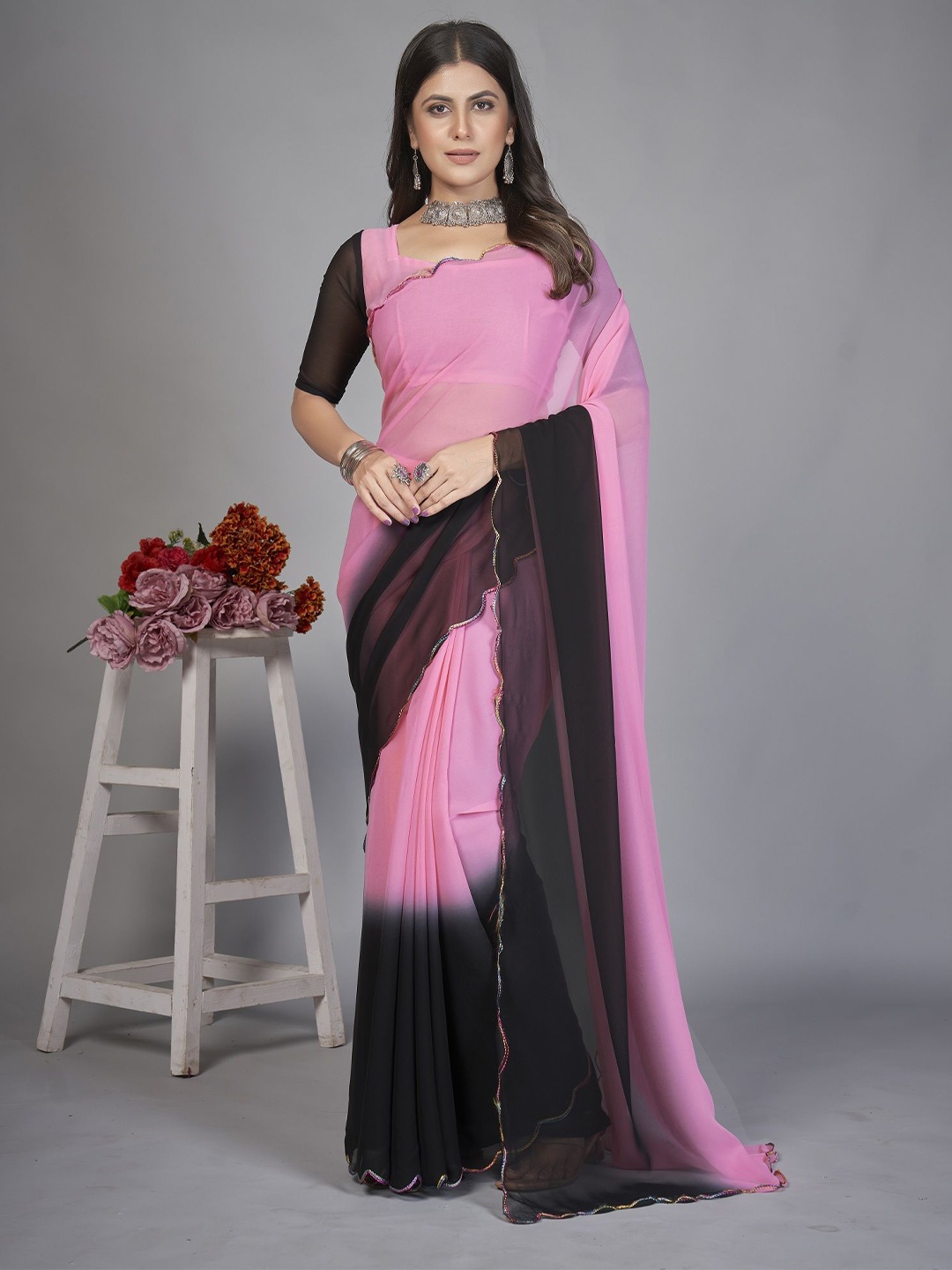 

APNISHA Ombre Embroidered Pure Georgette Half and Half Saree, Peach