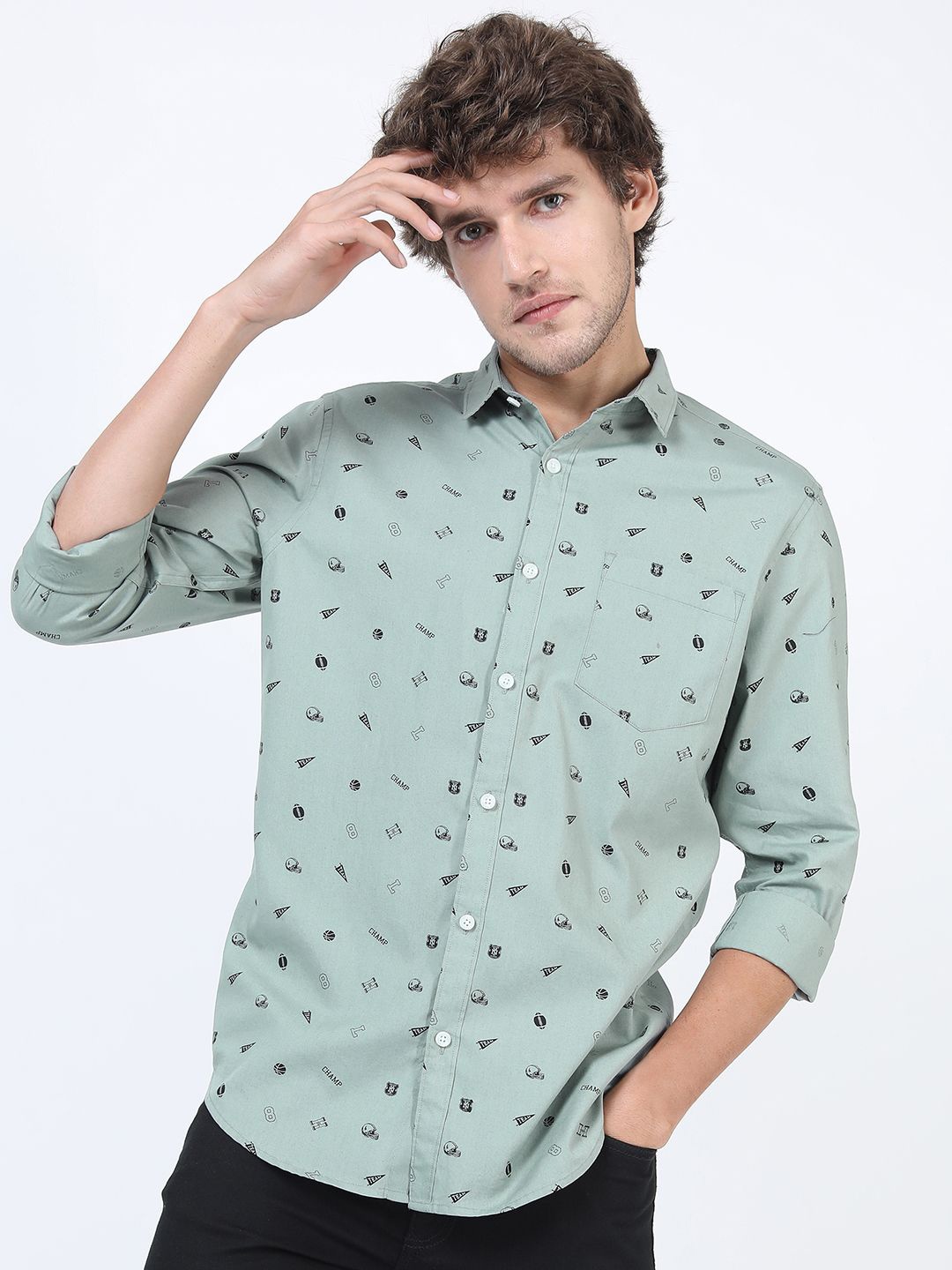 

HIGHLANDER Men Slim Fit Opaque Printed Casual Shirt, Olive