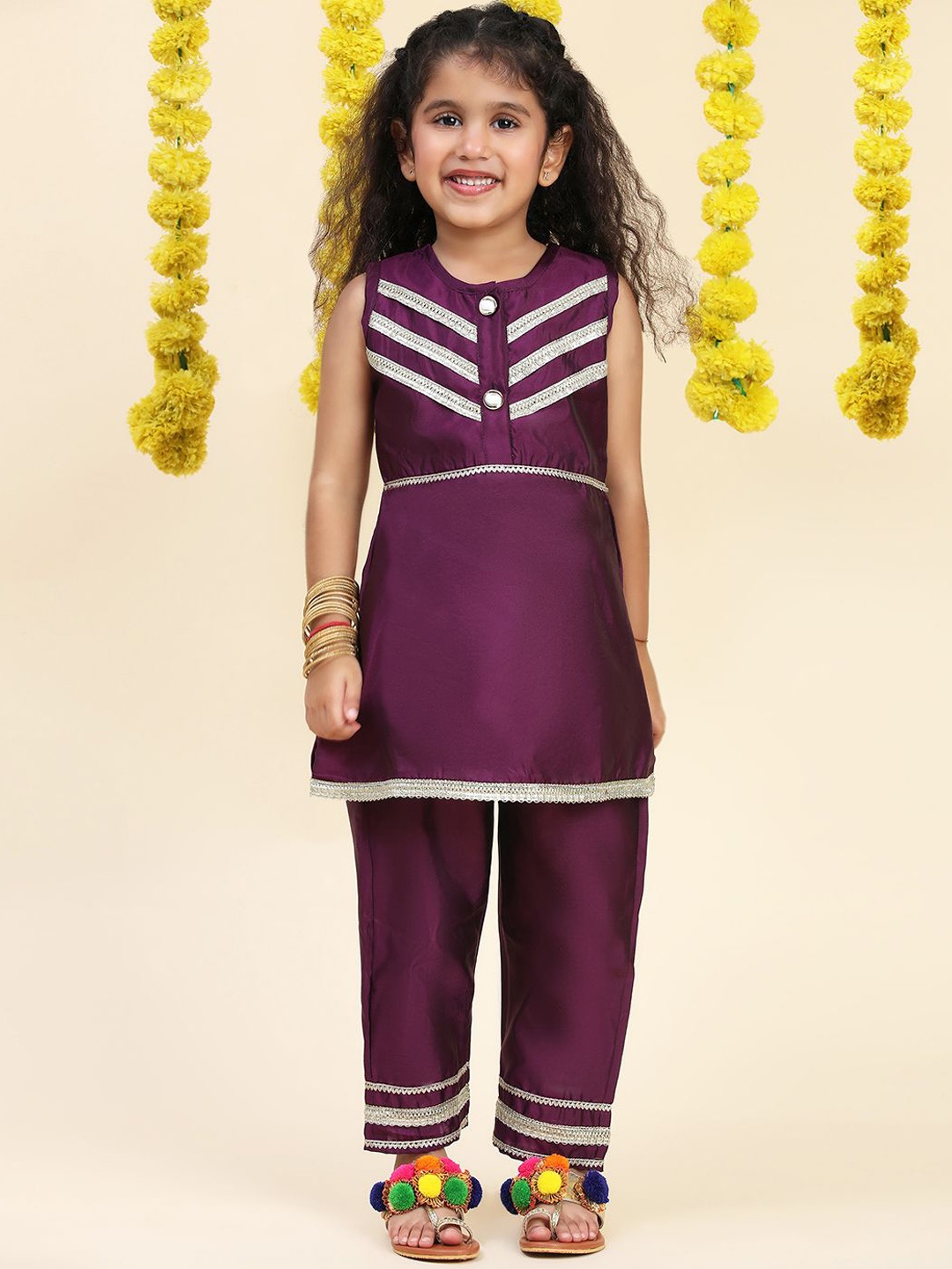 

Cutiekins Girls A-Line Gotta Patti Silk Kurta with Trousers, Burgundy
