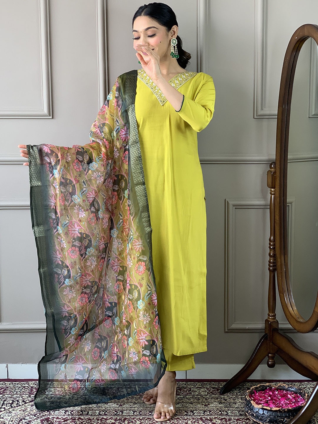 

KALINI Embroidered Thread Work Chanderi Silk Kurta with Trousers & Dupatta, Yellow