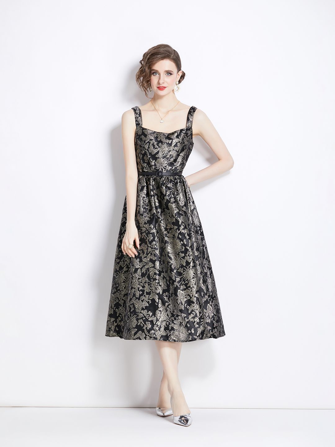 

JC Collection Floral Print A-Line Midi Dress, Black