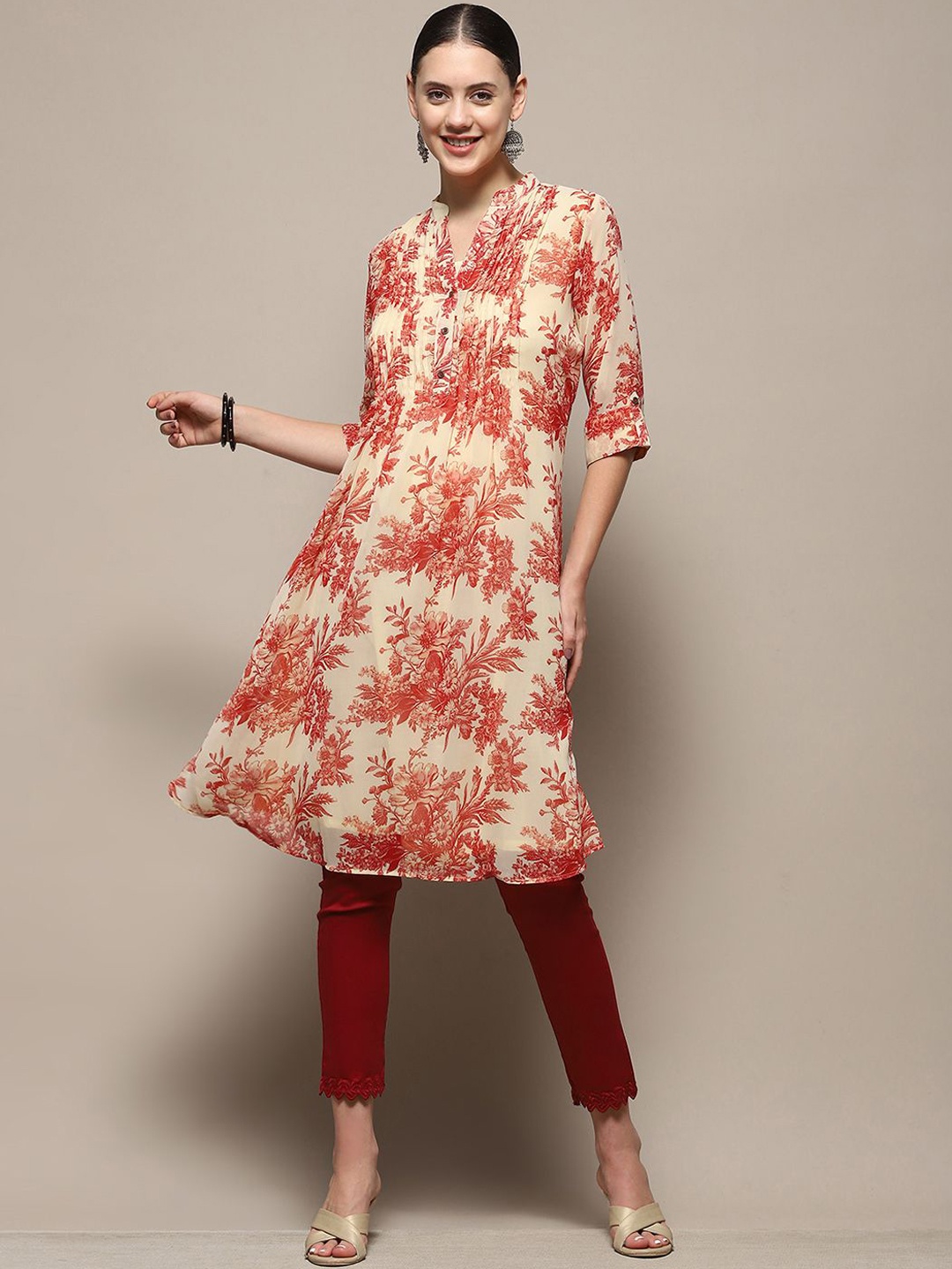 

Biba Floral Printed Mandarin Collar Georgette A-Line Kurta, Cream