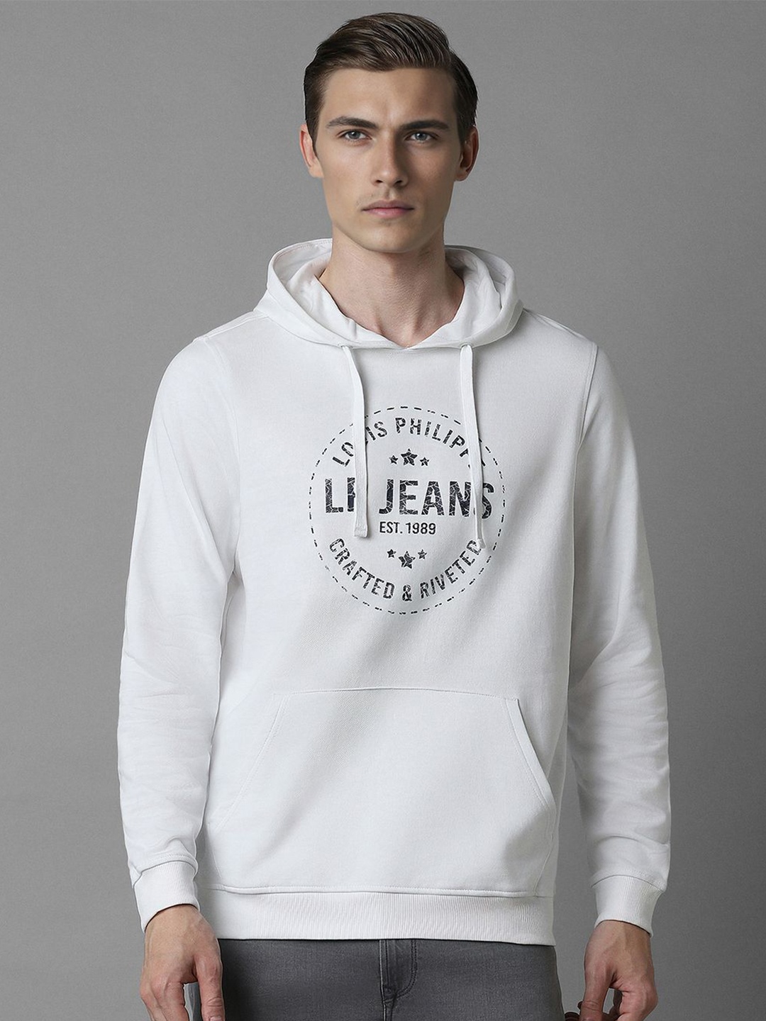 

Louis Philippe Jeans Men Typography Printed Hooded Sweatshirt, White