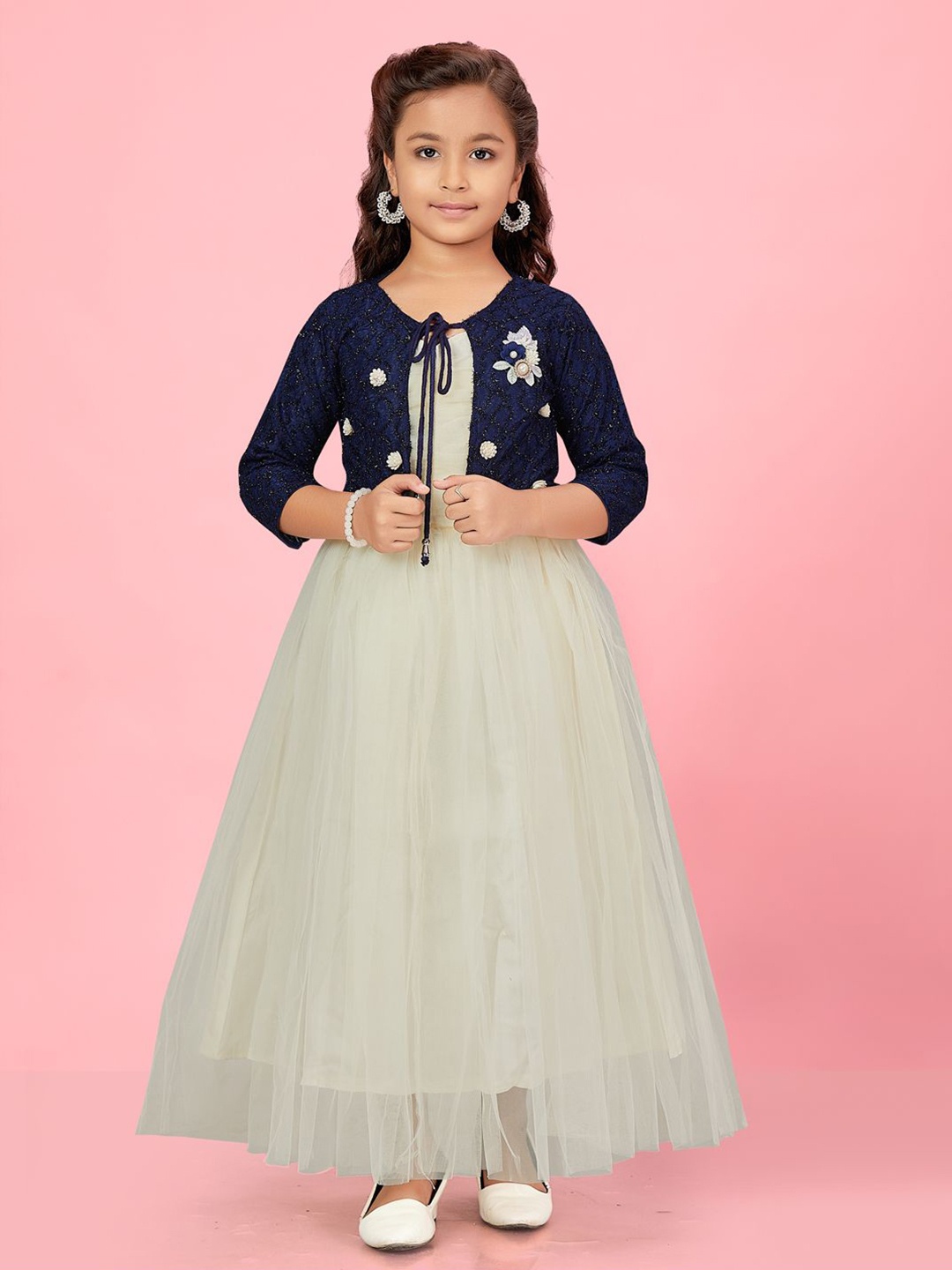

BAESD Girls Tie-Up Neck Net Gown Maxi Dress, Cream
