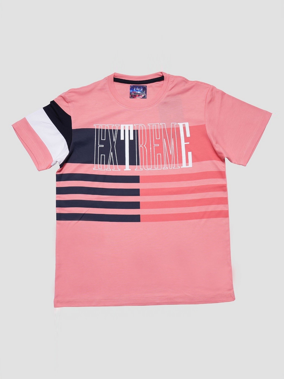 

TWIX Boys Striped Round Neck Cotton T-Shirt, Pink