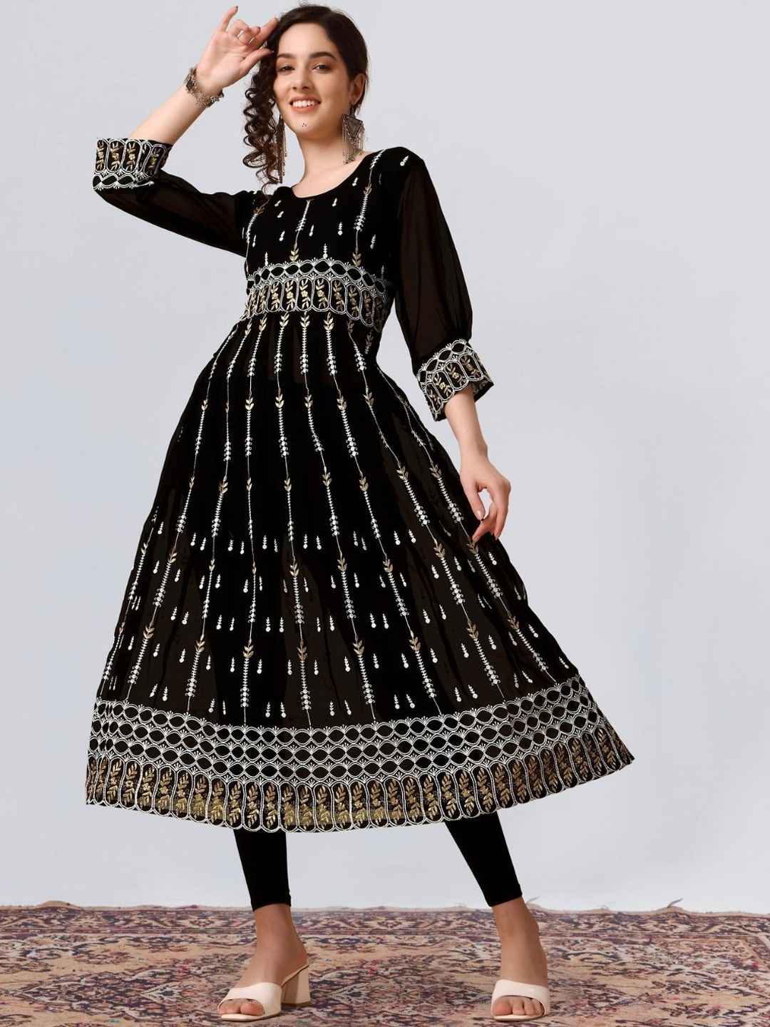 

KALINI Ethnic Motifs Embroidered Round Neck Thread Work Georgette Anarkali Kurta, Black