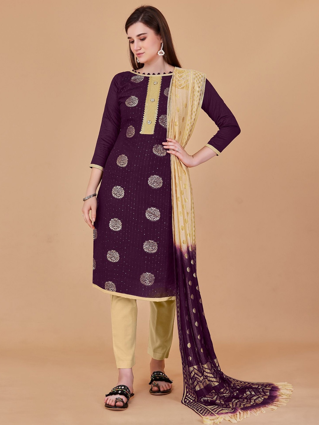 

LADY SHOPI Floral Embroidered Unstitched Dress Material, Purple