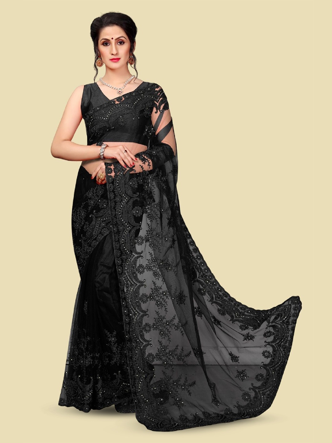 

APNISHA Floral Embroidered Net Saree, Black