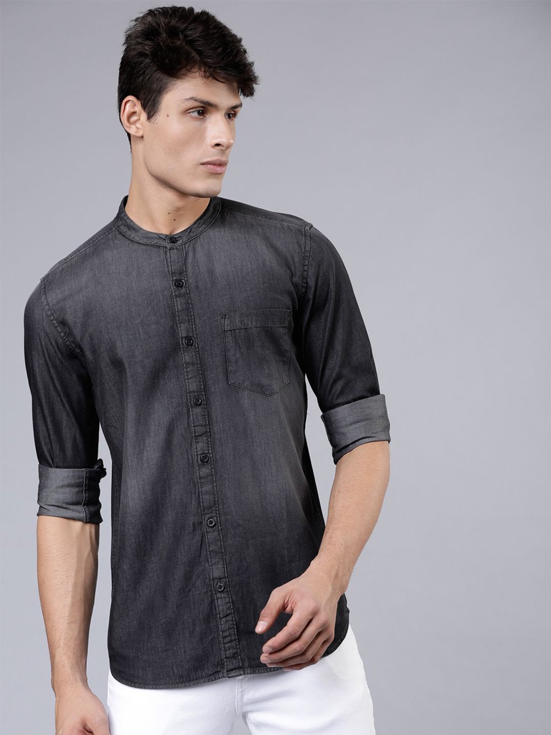 

HIGHLANDER Men Slim Fit Faded Opaque Faded Casual Shirt, Black