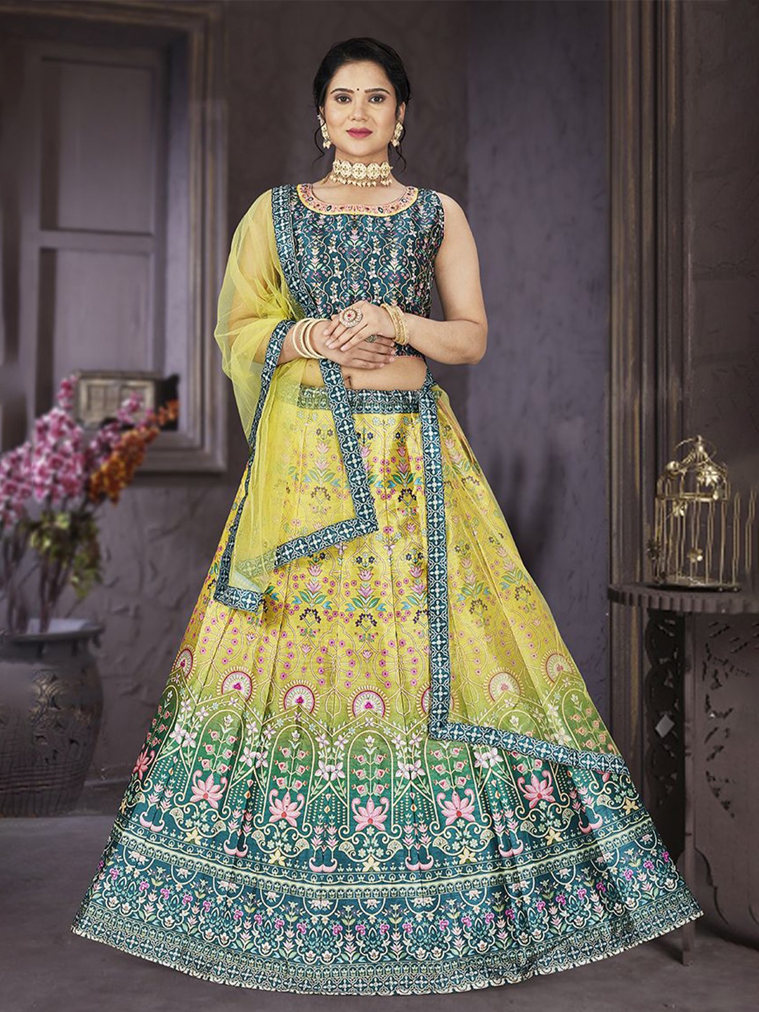 

EthnicTree Printed Beads and Stones Ready to Wear Lehenga & Blouse With Dupatta, Yellow