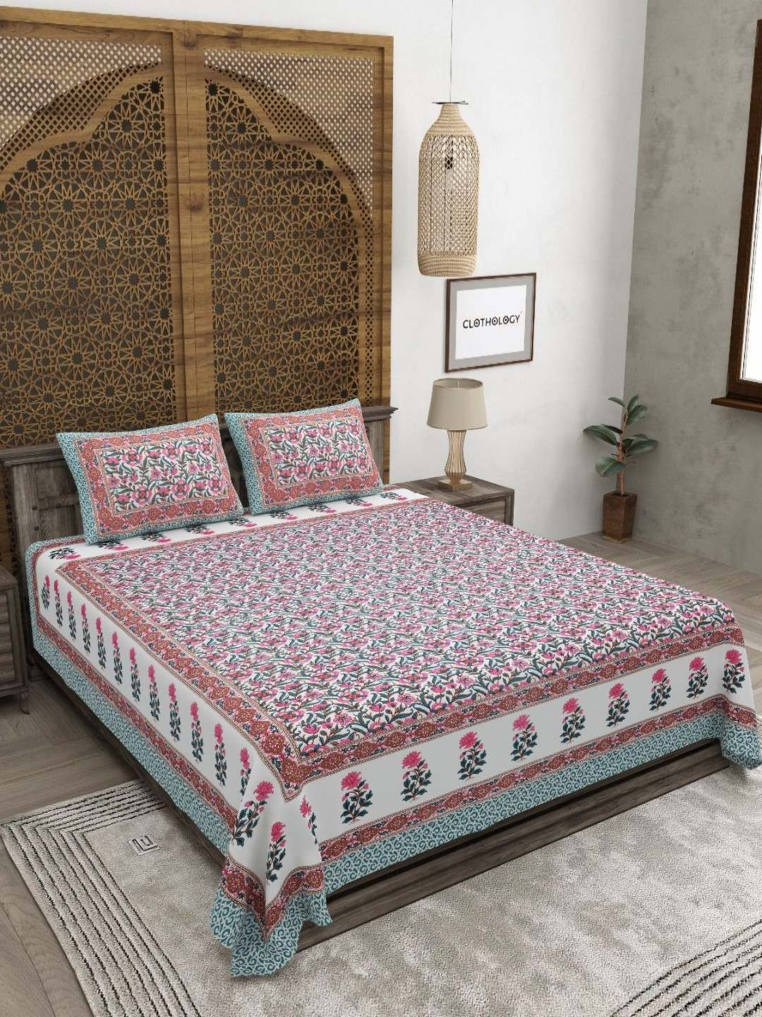 

CLOTHOLOGY Green & White Floral 180 TC Cotton King Bedsheet with 2 Pillow Covers