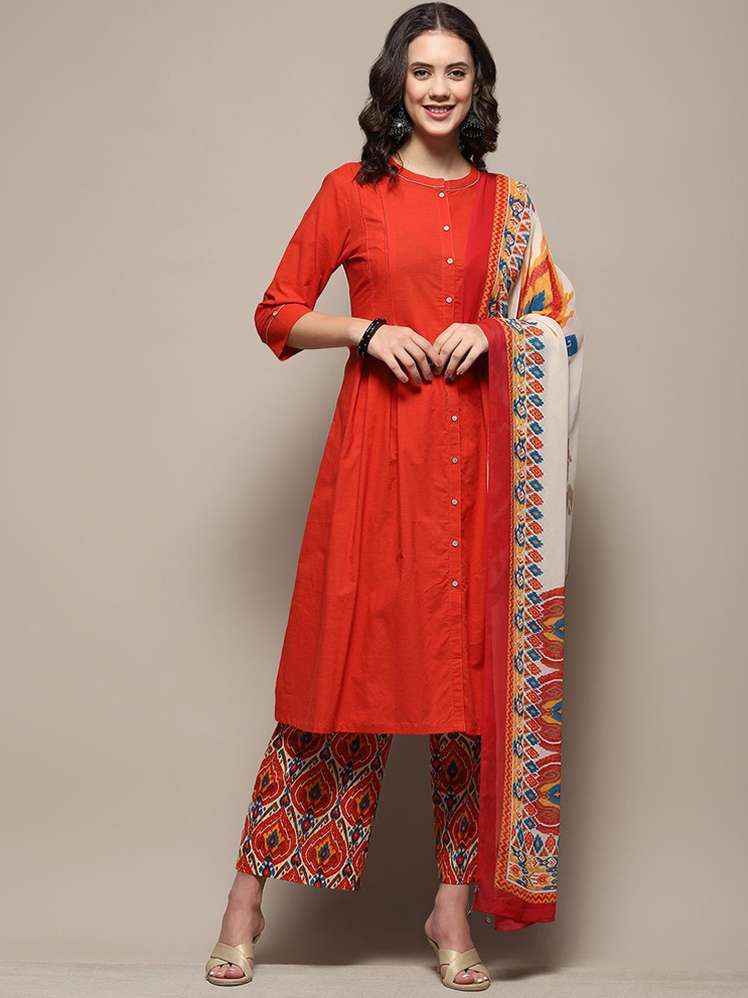 

Biba Band Collar Pure Cotton Anarkali Kurta With Trousers & Dupatta, Orange