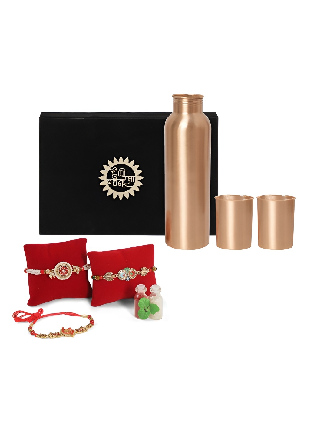 

INTERNATIONAL GIFT Set Of 6 Rakhi With Water Bottle & Glass, Copper