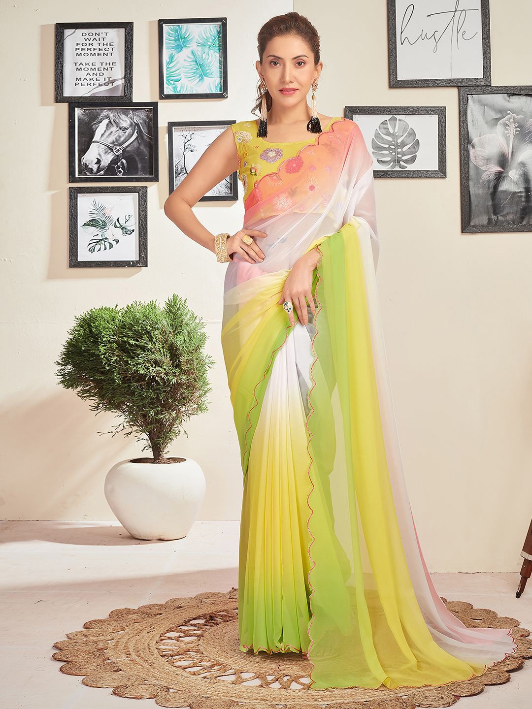 

Satrani Ombre Pure Georgette Holi Saree, Yellow