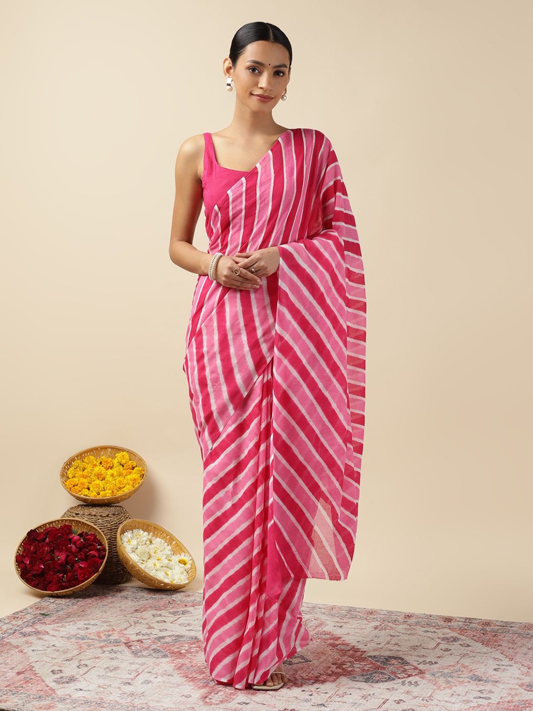 

Moora Printed Leheriya Pure Cotton Bagru Saree, Pink