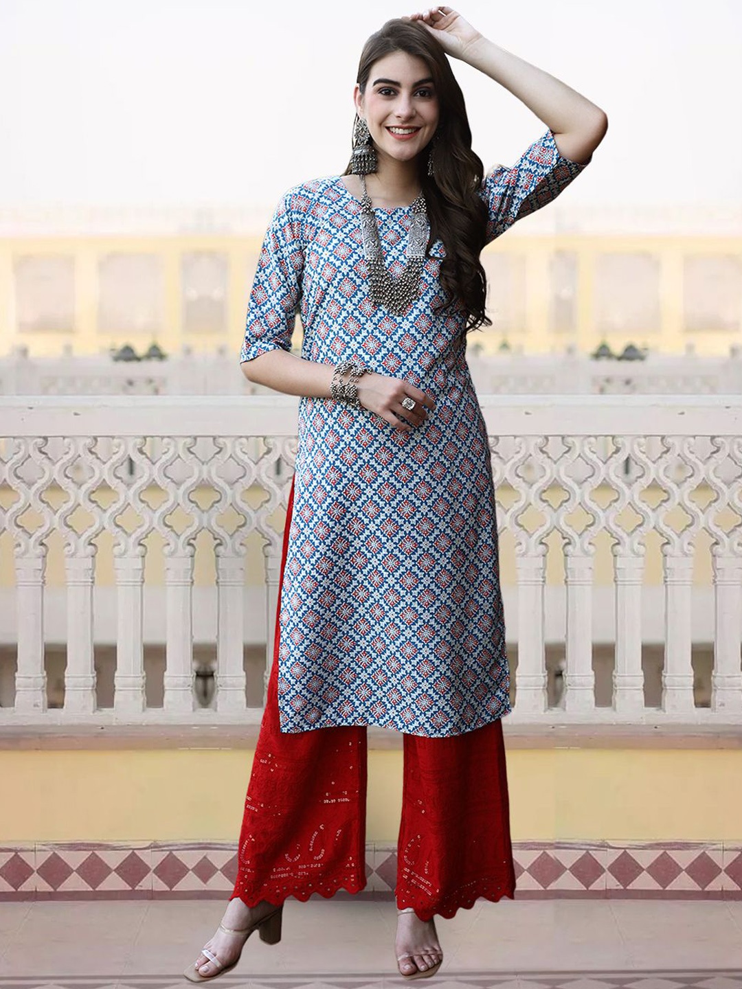 

7Threads Ethnic Motifs Printed Round Neck Straight Kurta, Blue