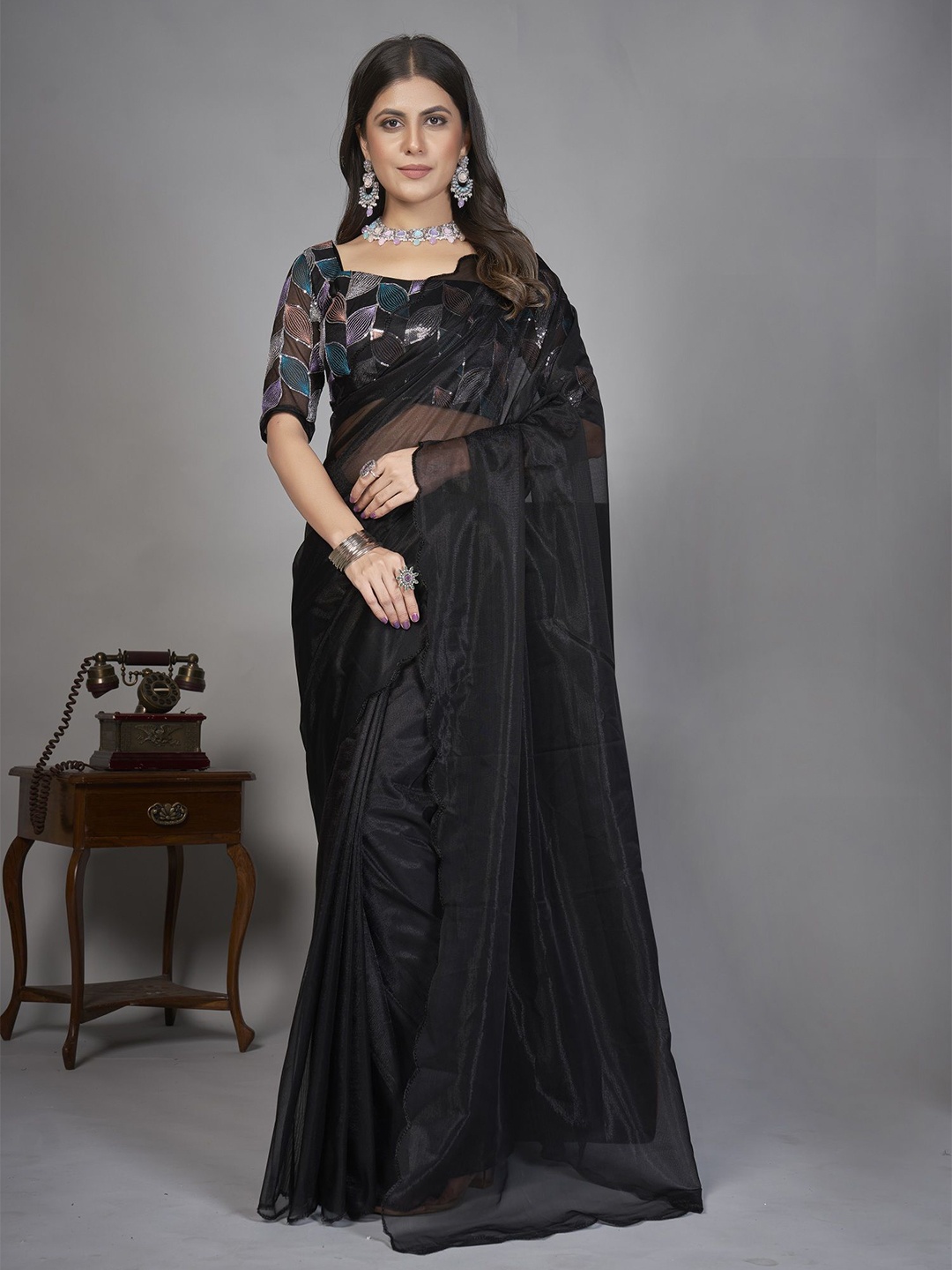 

APNISHA Embroidered Organza Saree, Black