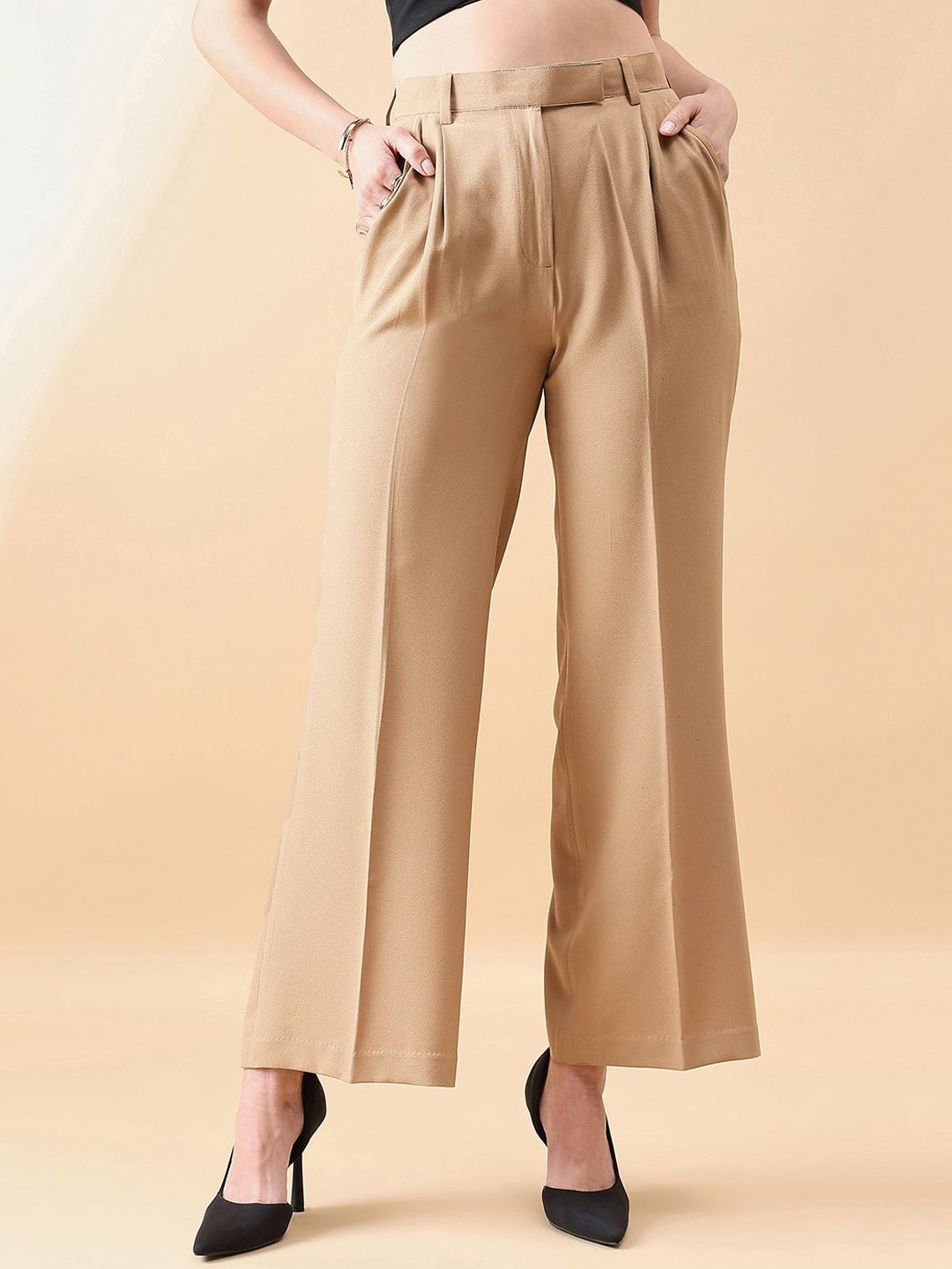 

PowerSutra Women Relaxed Loose Fit High-Rise Pleated Trousers, Beige