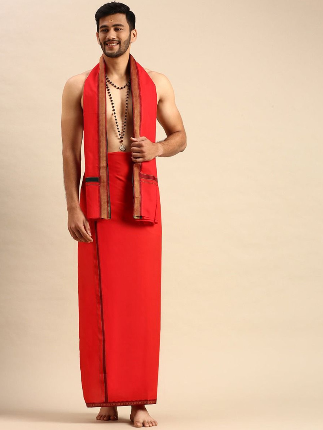

Ramraj Men Devotional Dhoti with Towel, Red