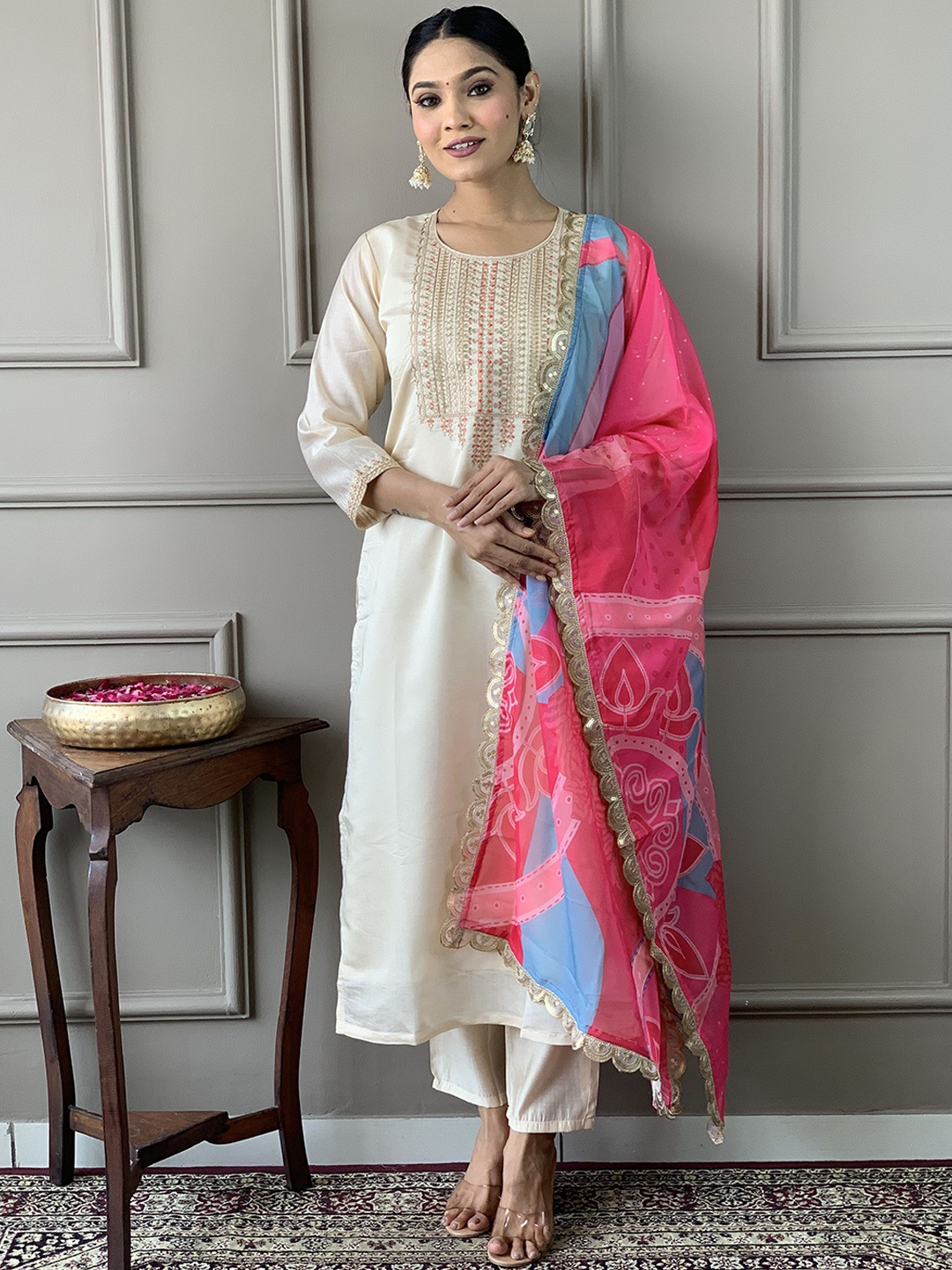 

KALINI Embroidered Sequinned Chanderi Silk Kurta with Trousers & Dupatta, Cream
