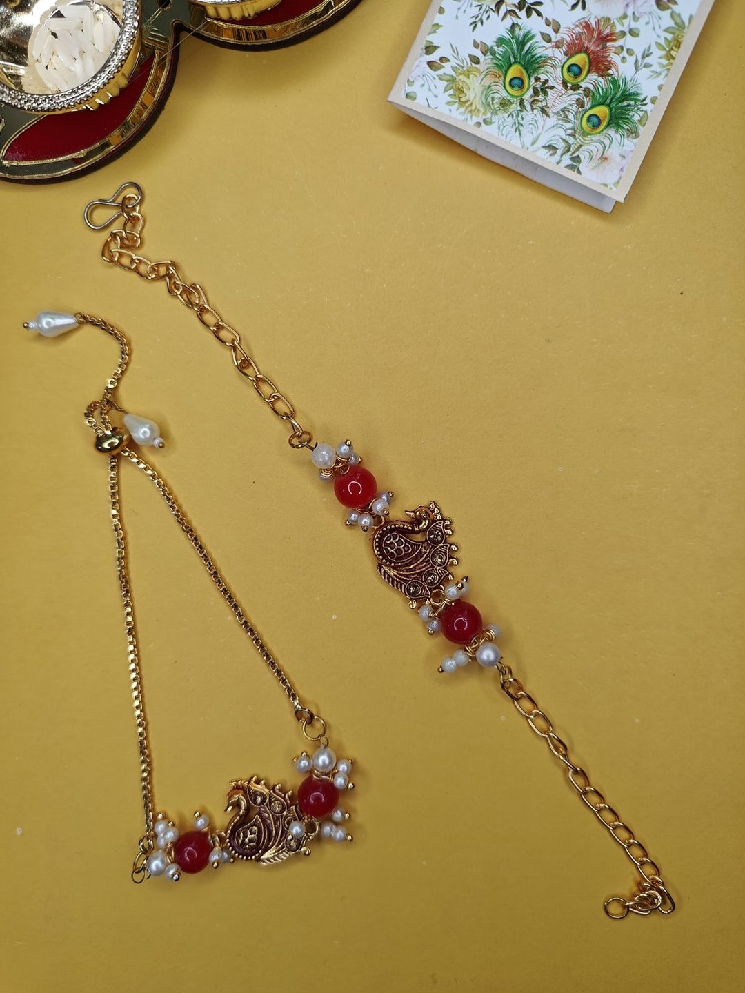 

NVR Stone Studded & Beaded Bhaiya Bhabhi Thread Rakhi With Roli Chawal, Gold