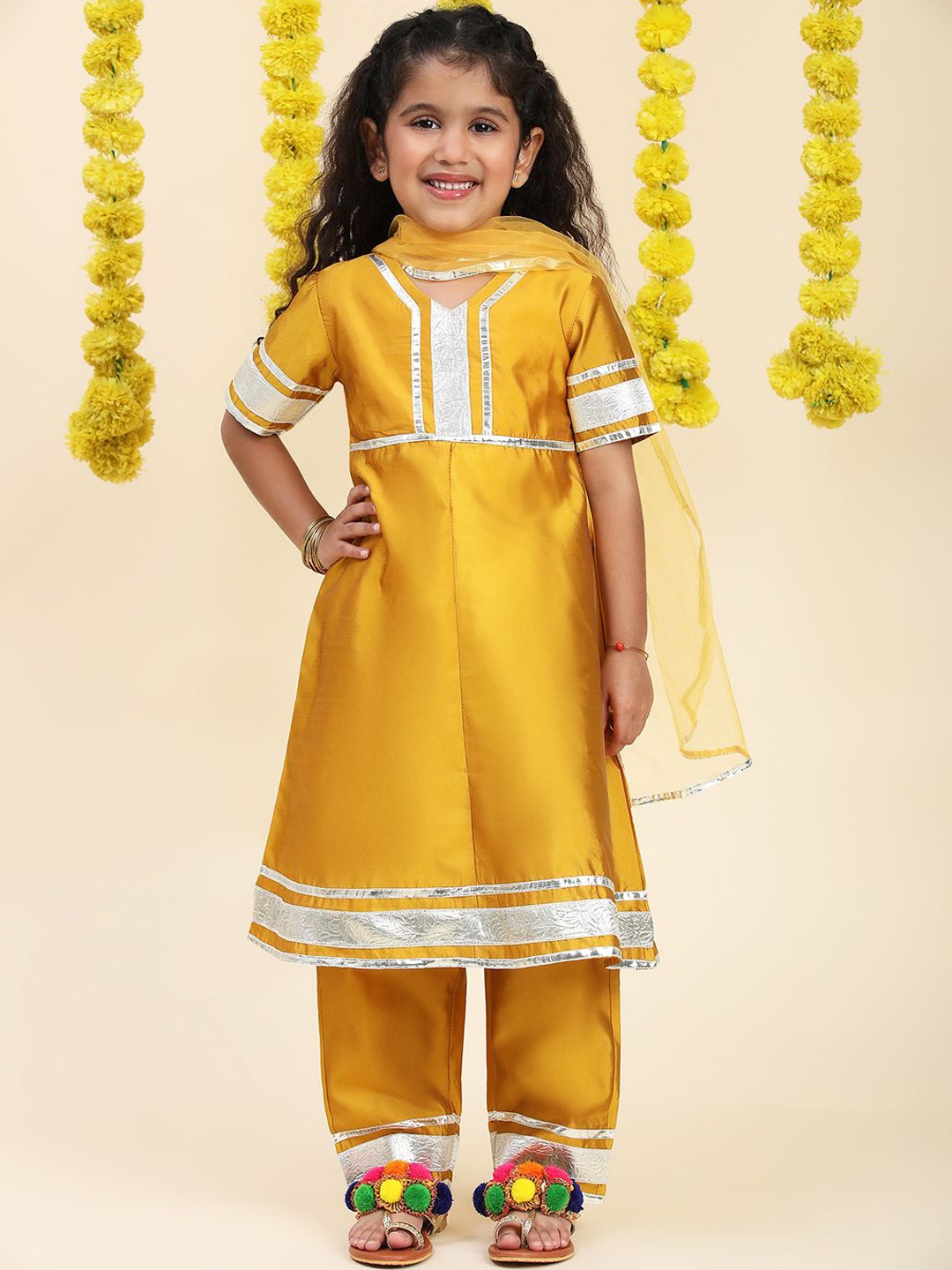 

Cutiekins Girls A-Line Gotta Patti Silk Kurta with Trousers & Dupatta, Mustard