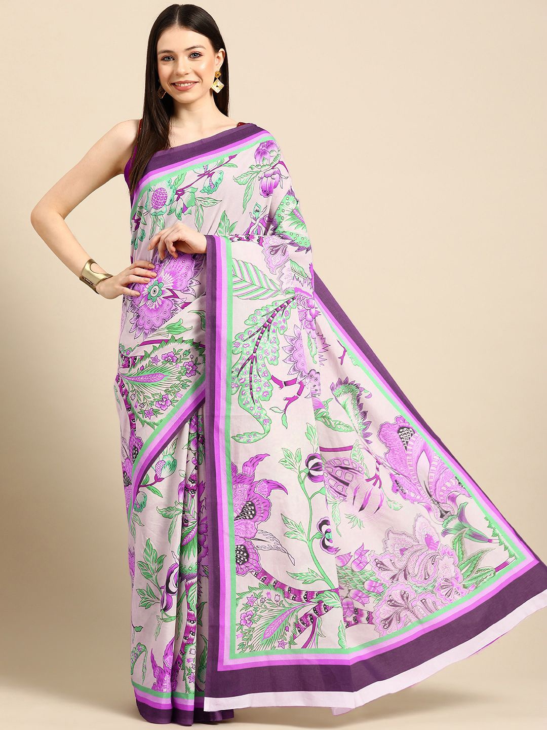 

BUTA BUTI Floral Pure Cotton Saree, Purple