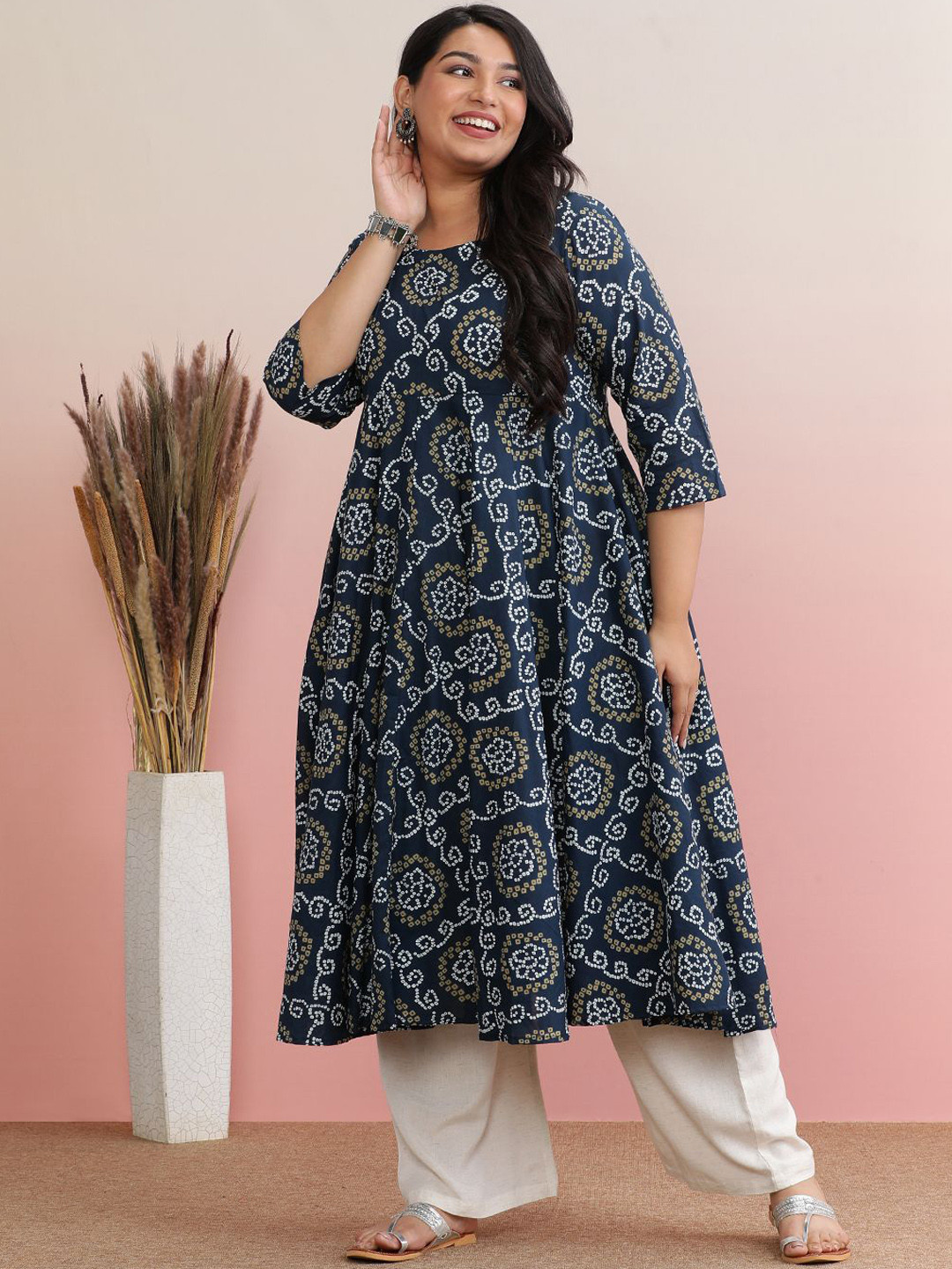 

anayna Plus Size Ethnic Motifs Printed Pure Cotton A-Line Kurta, Navy blue