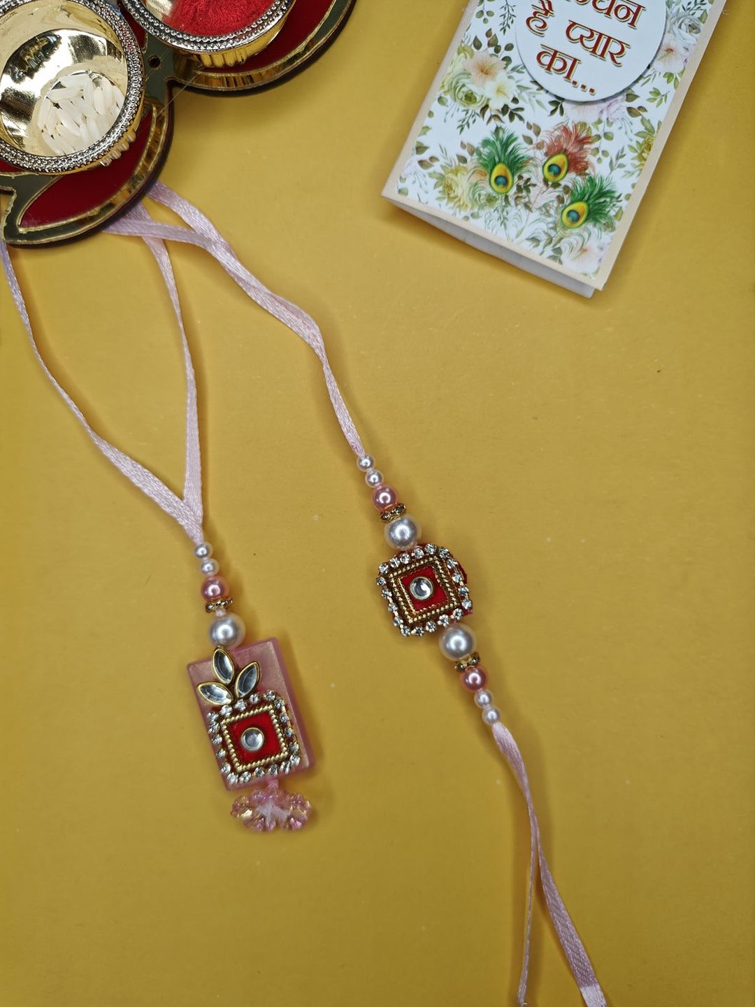 

NVR Beaded Bhaiya Bhabhi Rakhis with Roli Chawal, Pink