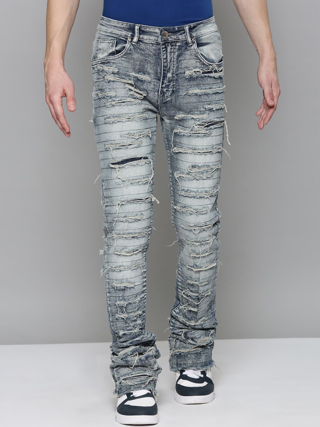 

WAIMEA Men Comfort Bootcut Highly Distressed Heavy Fade Stretchable Jeans, Blue
